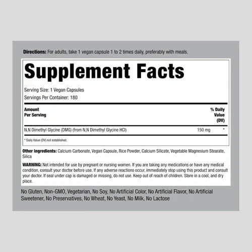 Miniatura 2 de Piping Rock DMG Suplemento B15 150 mg 180 Cápsulas Dimetilglicina HCl Sin OMG, sin gluten
