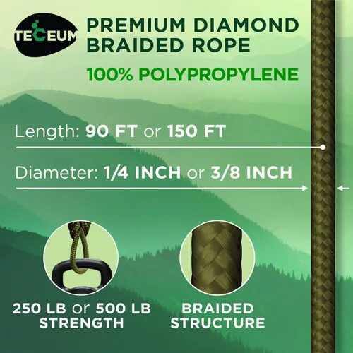 Miniatura 2 de TECEUM Cuerda – 90 pies x 1/4 pulgada (7mm) – Verde Ejército – Cuerda Utilitaria Versátil y Resistente – Acampada, Artesanía, Asta de Bandera