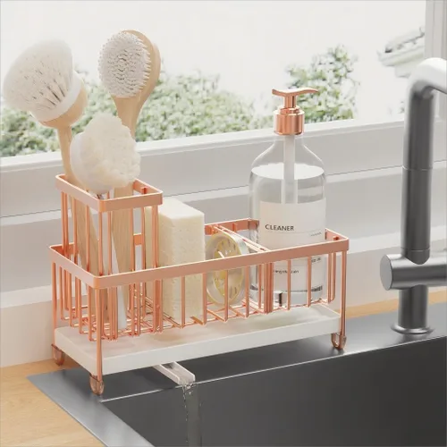 Miniatura 9 de Cisily Soporte de esponja negro extra grande para fregadero de cocina, organizador de fregadero con soporte alto para cepillos, organizadores