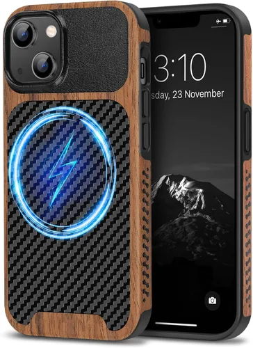 TENDLIN Funda Magnética Compatible con iPhone 14 Plus Funda de Madera con Textura de Fibra de Carbono Diseño Híbrido de Cuero Cubierta Delgada Negro