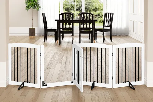 Miniatura 12 de PUPETPO Puertas independientes para mascotas con puerta de paso, valla interior para perros, puerta para perros para la casa, puerta, escaleras, Gris