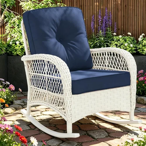 Miniatura 10 de MEETWARM Mecedora de mimbre para exteriores, sillas mecedoras de ratán para patio con cojines y respaldo alto, silla de mimbre para patio para todo
