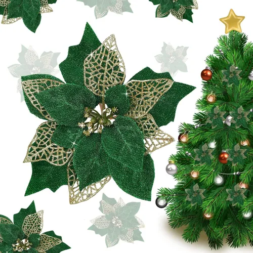 Miniatura 8 de Jim's Cabin Paquete de 12 flores de Pascua artificiales con purpurina para adornos de árbol de Navidad, mariposas y decoraciones doradas (azul)