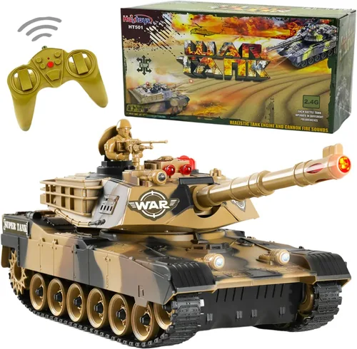 Haktoys Tanque de batalla a control remoto a control remoto a escala 1:24, juguete militar con disparo infrarrojo, torreta giratoria, luces y