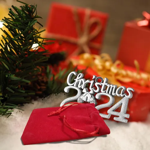 Miniatura 6 de Adorno de Navidad con fecha 2024, adorno anual plateado para árbol de Navidad con cinta para decoración de árbol de Navidad, colgante decorativo