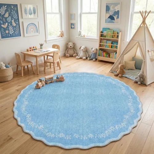 Miniatura 33 de GarveeHome Alfombra de entrada festoneada, 2 x 3, color azul sólido, lavable, alfombra floral para entrada interior, alfombra floral antideslizante