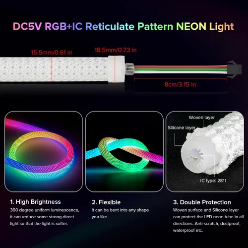 Miniatura 6 de BTF-LIGHTING 9.8 pies WS2811 WS2812B IC RGB 360 Grados Tira LED de Colores Neon Flexible de Silicona de Nylon con Patrón Reticulado IP67 Impermeable