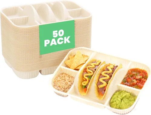Platos desechables para tacos de 4 compartimentos para 2 tacos y 4 lados, borde elevado extra profundo, almidón de maíz biodegradable, apto para