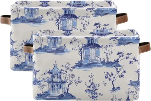 susiyo Cestas de almacenamiento grandes de tela de estilo chinoiserie, con asas de poliuretano para estantes, hogar, armario, dormitorio, sala de