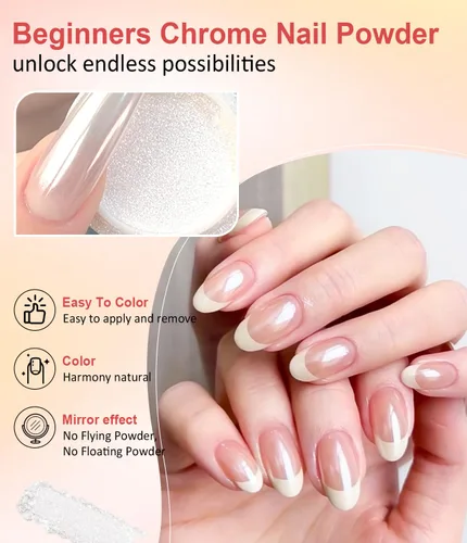Miniatura 4 de Polvo de uñas cromado y perla - 【Efecto espejo metálico】 Polvo de uñas naranja cromado blanco transparente Aurora sirena iridiscente cromo polvo