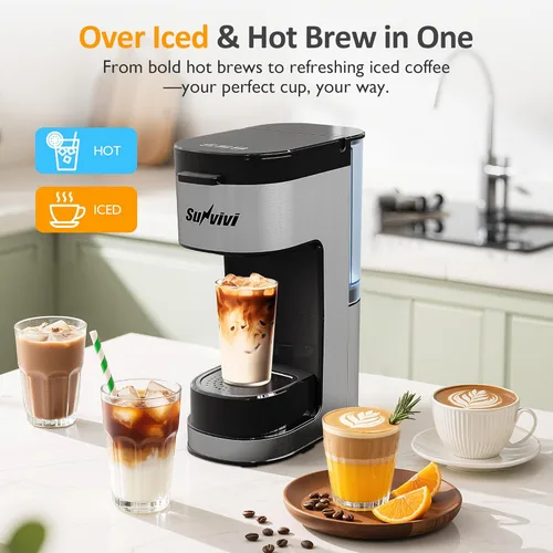Miniatura 2 de SUNVIVI Cafetera helada y caliente: cafetera de una sola porción con 3 opciones de preparación para cápsulas K, café molido y té, depósito de agua