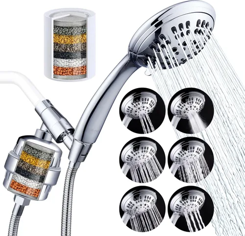 G-Promise Cabezal de ducha de mano filtrado de lujo, juego de ducha de 6 ajustes de pulverización con filtro efectivo de 2 cartuchos, soporte de