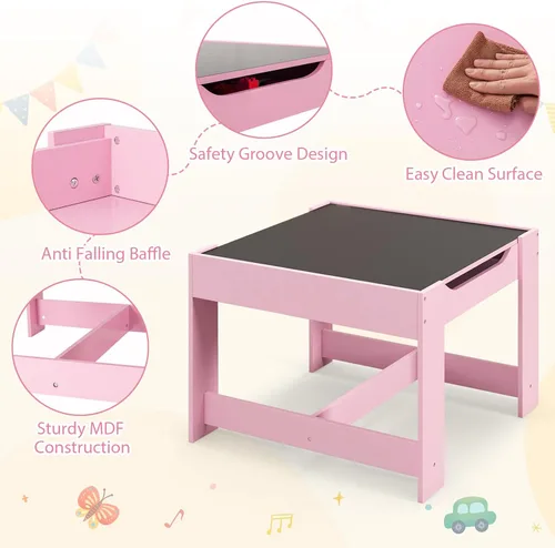 Miniatura 5 de KOTEK Juego de mesa y 2 sillas de madera para niños con pizarra y cajones de almacenamiento, mesa de actividades múltiples para niños para aprender