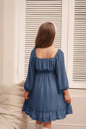 Miniatura 4 de GRACE KARIN Vestido escalonado con volantes para niñas, vestido acampanado de manga larga con lunares suizos, 6-14 años