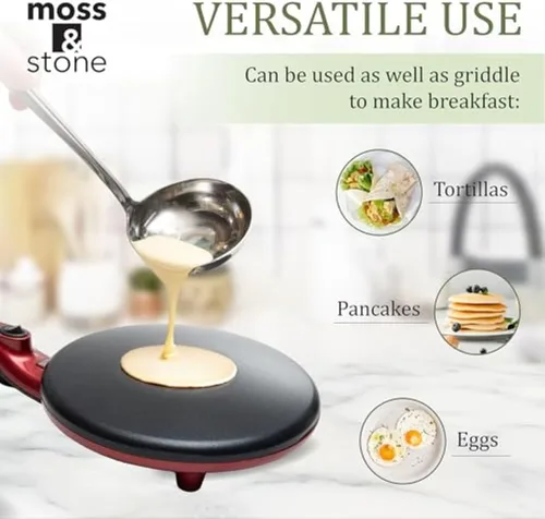 Miniatura 6 de Máquina de crepé eléctrica Moss & Stone de 8 pulgadas, máquina de crepé portátil y placa caliente con interruptor de encendido/apagado, Rojo