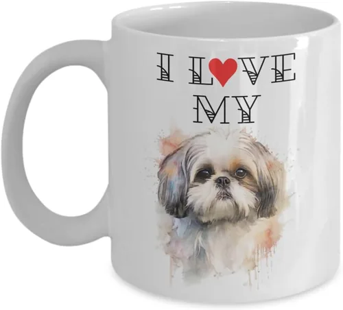 Taza de café con texto en inglés "I Love My Shih Tzu", bonita taza para mamás y papás de perros, taza de acuarela con retrato de mascotas, regalos
