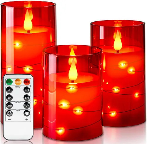 Amagic Velas sin llama rojas de 3 unidades, velas parpadeantes con batería y luces de cuerda de hadas incorporadas, vela de pilar realista con