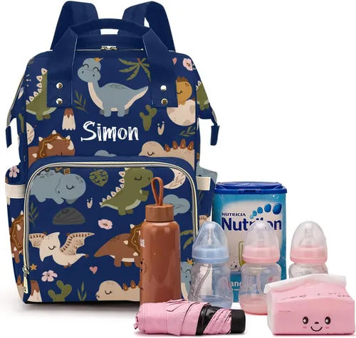 Miniatura 8 de Linda bolsa de pañales personalizada de dinosaurio tropical de gran capacidad para bebé, niño y niña, impermeable, con nombre personalizado, mochila