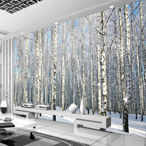 Murales de pared 3D de arte moderno, papel tapiz extraíble de bosque de abedules nevados, murales panorámicos, adecuado para decoración del hogar,