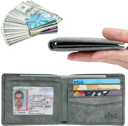 Miniatura 58 de HIMI - Cartera elegante de cuero auténtico para hombre, con bloqueo de interferencia de radiofrecuencia (RFID), con 2 ventanas para identificación
