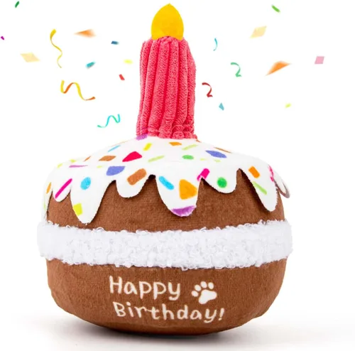 lilfrd Juguete de cumpleaños para perros, juguetes de pastel de cumpleaños para regalos de cachorros, juguetes de peluche chirriantes para perros