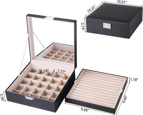 Miniatura 8 de BEWISHOME Organizador de anillos y soporte para caja de aretes, 11 ranuras para anillos, 25 compartimentos para aretes, espejo grande, 2 capas