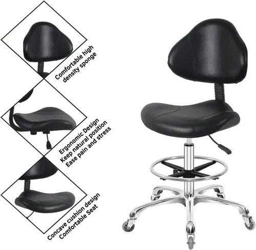Miniatura 4 de Silla de dibujo giratoria con ruedas, ajustable, resistente (400 libras), soporte lumbar, silla de tareas para escritorio en casa, estudio, Negro