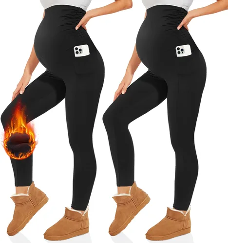 Paquete de 2 leggings de maternidad con bolsillos sobre el vientre, pantalones negros para mujer, para entrenamiento, yoga, embarazo