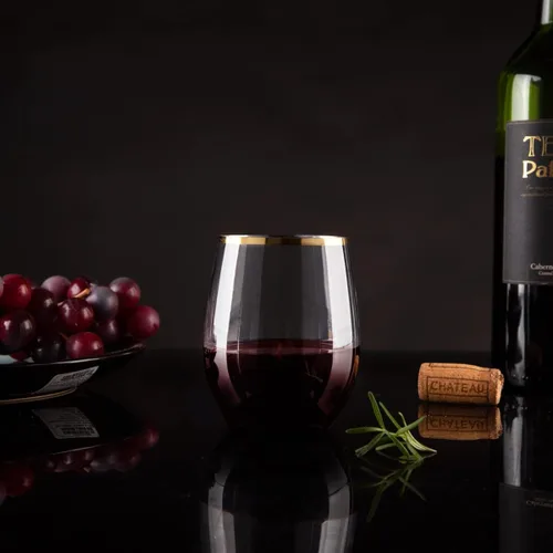 Miniatura 3 de SUT Paquete de 32 copas de vino de plástico con borde dorado de 12 onzas, sin tallo, desechables con calidad premium, reutilizables, irrompibles
