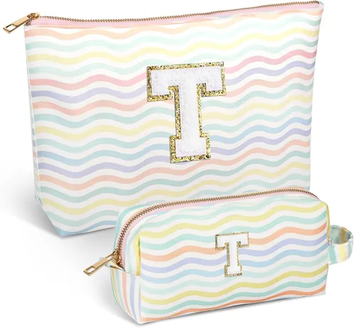 Miniatura 26 de Bolsa de viaje de maquillaje con monograma de 2 piezas para regalos de niñas adolescentes, bolsa de cosméticos para niñas, bolsa de aseo de viaje