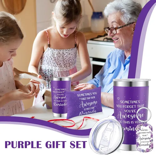 Miniatura 6 de Zhehao Juego de 3 regalos de cumpleaños morados para mujeres, set de regalos inspiradores de 20 onzas, con texto en inglés "You Are Awesome ", bolsa