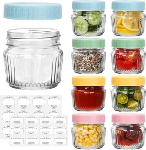Frascos de vidrio Mason de boca regular, tarros Mason mini de 4 oz, paquete de 8 frascos de vidrio transparente con tapas de plástico coloridas,