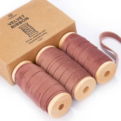 Miniatura 21 de Vitalizart Juego de cintas de terciopelo color camello de 3/8 pulgadas x 15 yardas, carrete de madera, ribete de tela, 3 rollos x 5 yardas