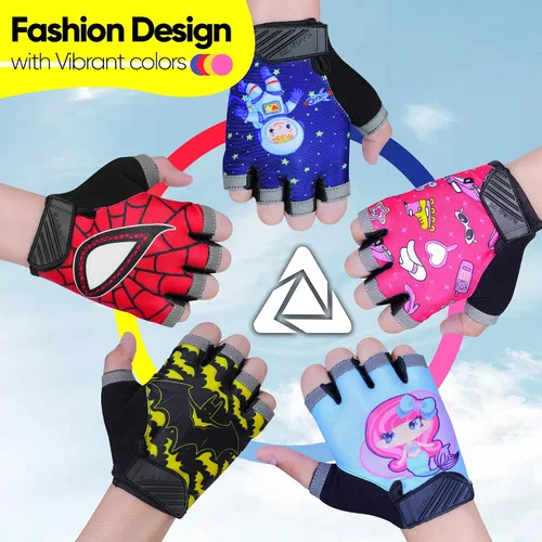 Miniatura 4 de Guantes de ciclismo de medio dedo para niños, antideslizantes, acolchados, antideslizantes, sin dedos, para niños y niñas, ideales para BMX, MTB