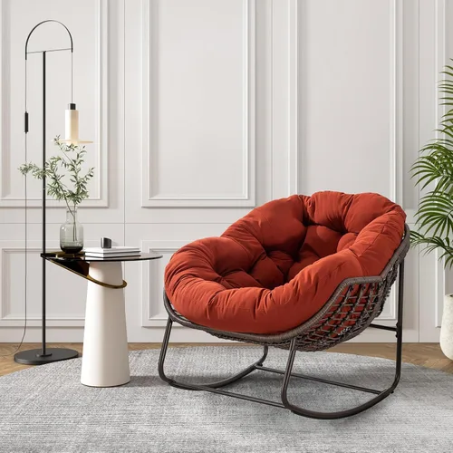 Miniatura 9 de Antetek Silla mecedora para patio al aire libre, cómoda silla de mimbre con cojín acolchado, mecedora de gran tamaño para interiores y exteriores