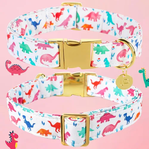 Miniatura 2 de Collar de perro de algodón de dinosaurio con hebilla de metal, collar de regalo para niñas o niños pequeños, medianos y grandes, lindos collares