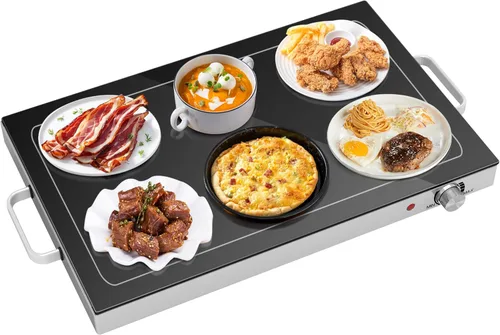 HOMCOM Bandeja de calentamiento eléctrica con temperatura ajustable, calentador de alimentos con superficie de vidrio, asas de tacto frío y pies
