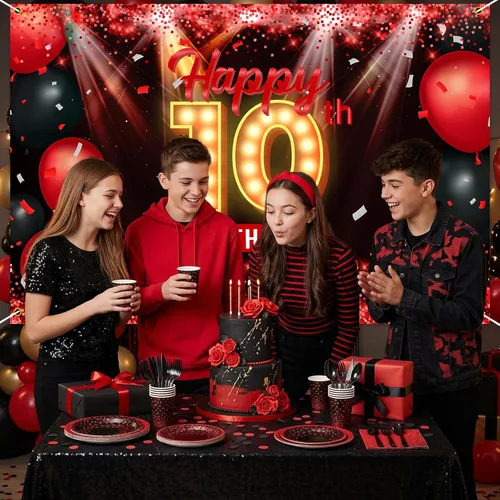 Miniatura 7 de Cartel de feliz cumpleaños 10 años, fondo rojo y negro, decoraciones de cumpleaños para niñas y niños de 10 años, artículos de fotografía