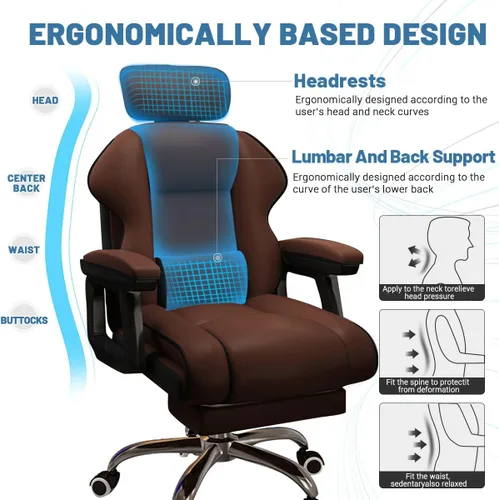Miniatura 3 de Silla ejecutiva para computadora, silla de escritorio para oficina en casa, ángulo ajustable, ergonómica, de altura ajustable, sillas de piel Marrón
