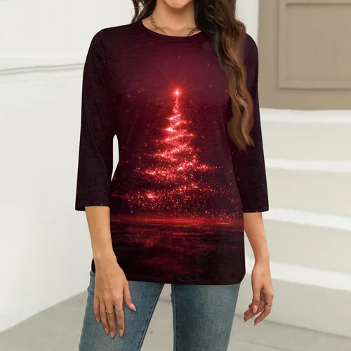 Miniatura 79 de Camisetas de manga 3/4 para mujer, cuello redondo, holgadas, casuales, con estampado floral, camisetas de moda para el trabajo de negocios