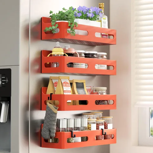 Miniatura 10 de Sevenblue Paquete de 4 estantes magnéticos para especias para refrigerador, organizador de estantes para especias, estante magnético móvil Blanco
