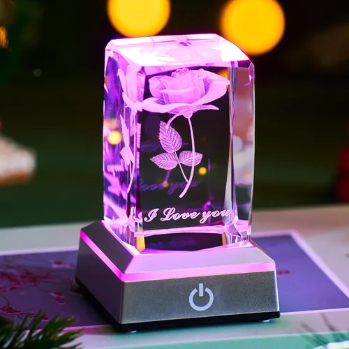 Miniatura 5 de Lámpara Nocturna de Cristal de Rosa 3D con Luces LED Ajustables - Te Amo, Ideas de Regalo para el Día de la Madre, San Valentín, Aniversario, Regalo