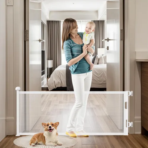 Miniatura 19 de Puertas de bebé retráctiles para escaleras, Pravoluxmax puerta retráctil extra ancha de 78" con varillas de soporte para la casa, puerta de Blanco