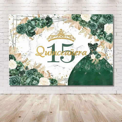 Miniatura 6 de MEHOFOND Telón de fondo bohemio floral de quinceañera de cumpleaños 15 para niñas, rosa verde, hierba de las pampas, Mis membrillo Anos, decoración