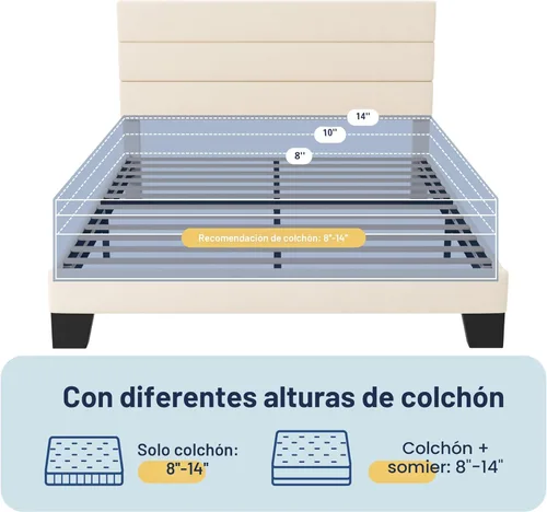 Miniatura 7 de Allewie Base de cama de plataforma tamaño Queen con cabecera tapizada de terciopelo y soporte de listones de madera, base de colchón totalmente Crema