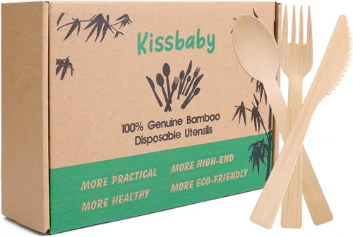Miniatura 8 de Utensilios de bambú -100 PK (50 tenedores, 25 cucharas, 25 cuchillos) 6.7 pulgadas, tenedores compostables, cucharas, cuchillos, cubiertos de bambú