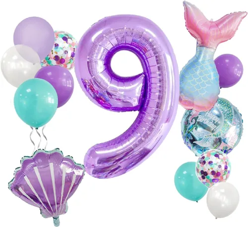 Miniatura 11 de Decoraciones de cumpleaños de sirena número 1: 13 globos de cola de sirena