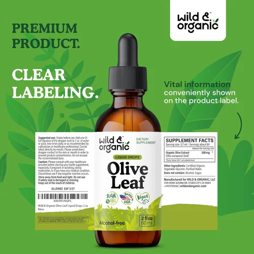 Miniatura 9 de Wild & Organic Gotas líquidas de extracto de hoja de olivo - Apoyo inmunológico y antioxidante - Suplemento de hoja de olivo de oleuropeína - Añadir
