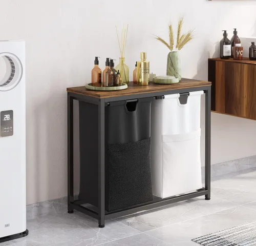 Miniatura 8 de LIVEHOM Cesta de Lavandería Doble Canasta de Ropa Sucia con Bolsas Removibles, Asas de Tela, Estante Superior Grande y Bolsa de Lavandería