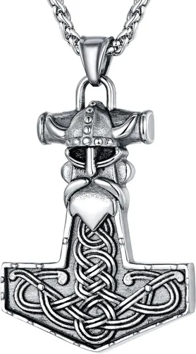 FaithHeart Viking Thor's Hammer Talisman Necklace for Men, Vintage Norse Mjolnir Amulet Pendant, Stainless Steel Jewelry